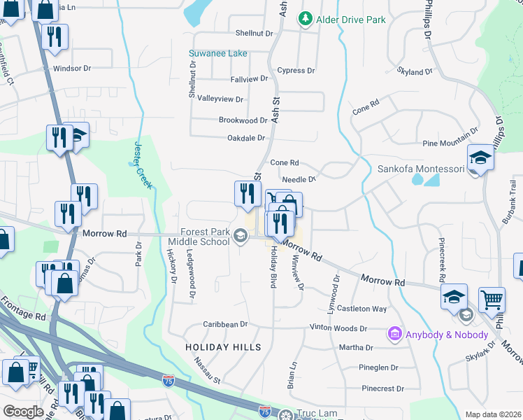 map of restaurants, bars, coffee shops, grocery stores, and more near 5901 Ash Street in Forest Park