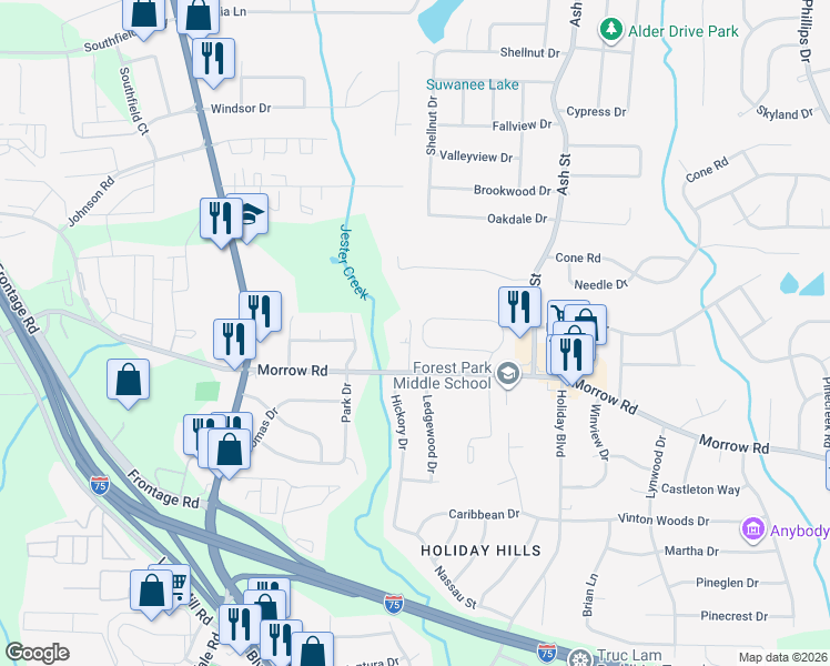 map of restaurants, bars, coffee shops, grocery stores, and more near 616 Forest Hill Path in Forest Park