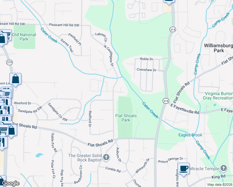 map of restaurants, bars, coffee shops, grocery stores, and more near 5963 North Castlegate Drive in Atlanta