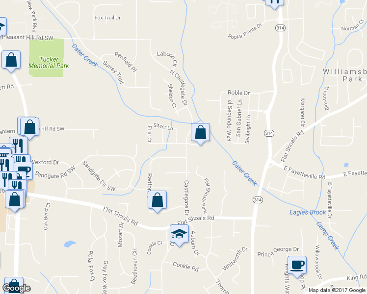 map of restaurants, bars, coffee shops, grocery stores, and more near 5963 North Castlegate Drive in Atlanta