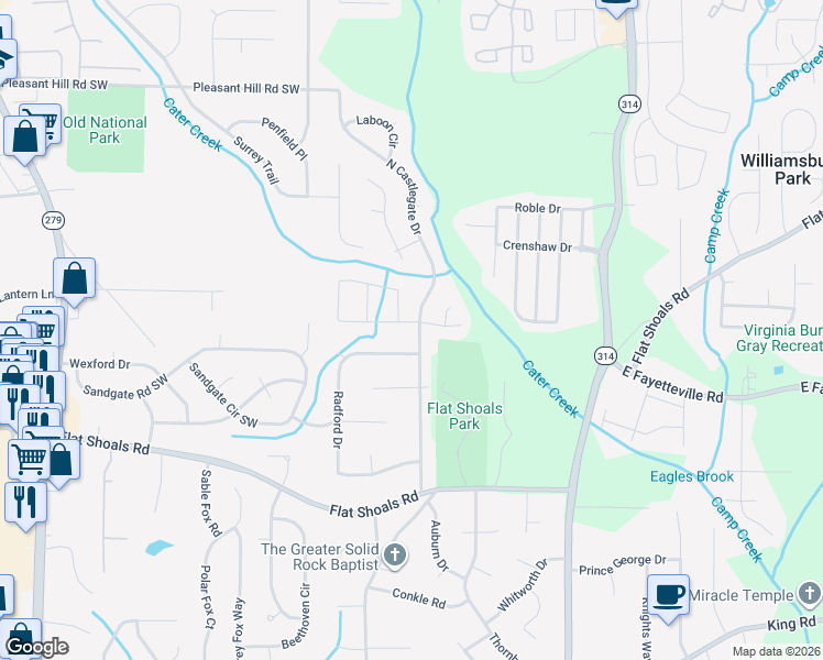 map of restaurants, bars, coffee shops, grocery stores, and more near 5963 North Castlegate Drive in Atlanta