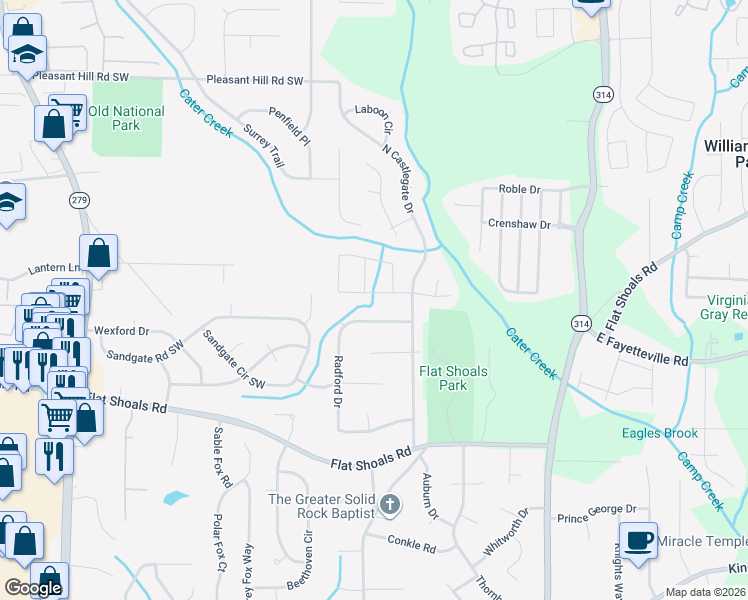 map of restaurants, bars, coffee shops, grocery stores, and more near 2035 Banks Way in Atlanta