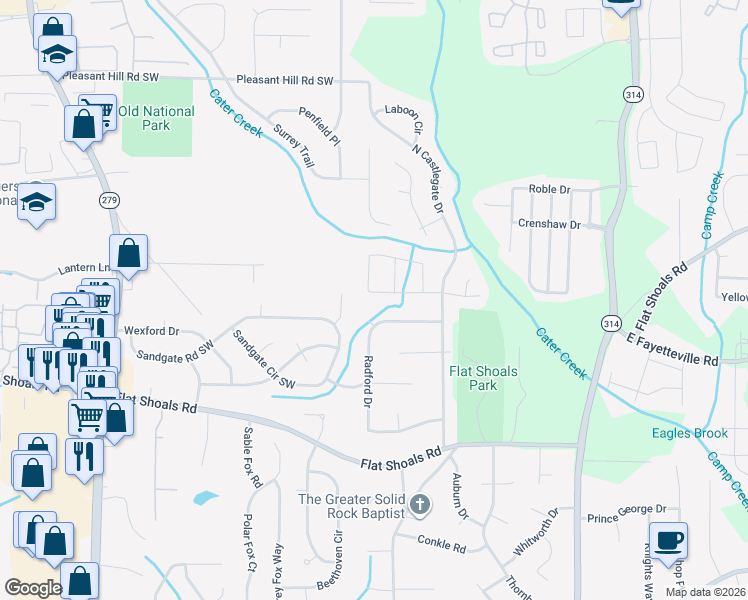 map of restaurants, bars, coffee shops, grocery stores, and more near 2082 Banks Way in Atlanta
