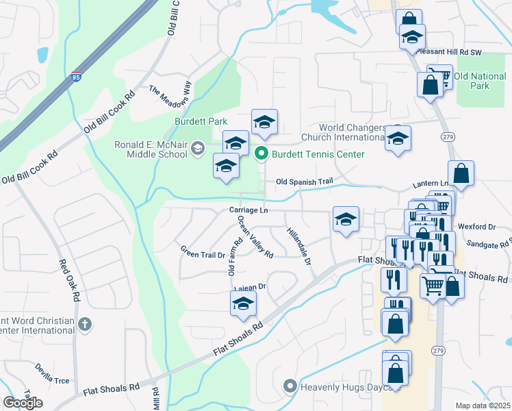 map of restaurants, bars, coffee shops, grocery stores, and more near 2801 Carriage Lane in Atlanta