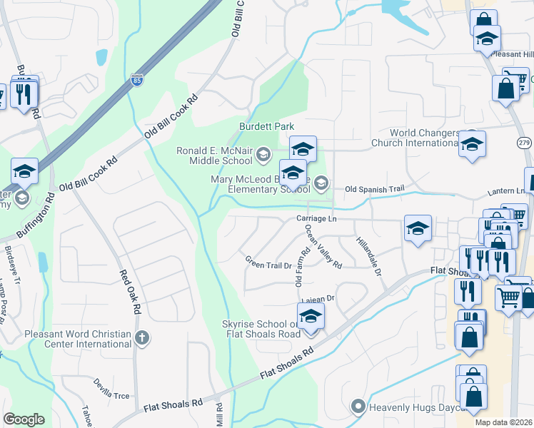 map of restaurants, bars, coffee shops, grocery stores, and more near 2840 Middleburg Drive in College Park