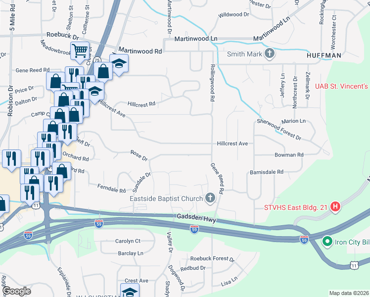 map of restaurants, bars, coffee shops, grocery stores, and more near 952 Hillcrest Avenue in Birmingham