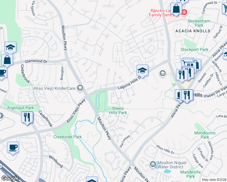 map of restaurants, bars, coffee shops, grocery stores, and more near 25531 Indian Hill Lane in Laguna Hills