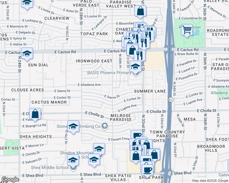 map of restaurants, bars, coffee shops, grocery stores, and more near 3015 East Altadena Avenue in Phoenix