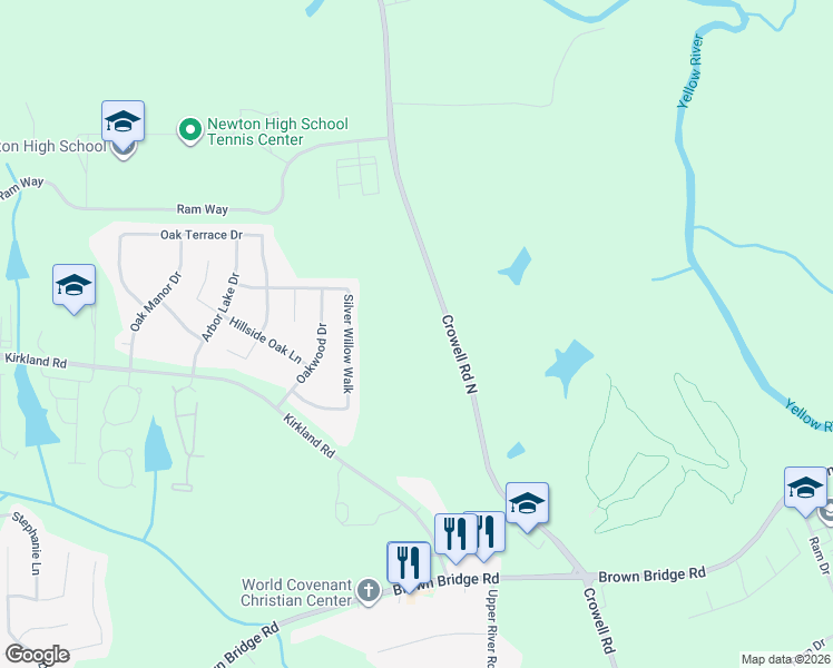 map of restaurants, bars, coffee shops, grocery stores, and more near 353 Crowell Road North in Covington