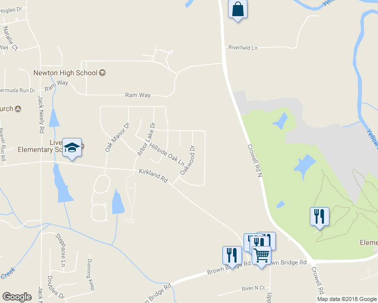map of restaurants, bars, coffee shops, grocery stores, and more near 115 Oakwood Drive in Covington