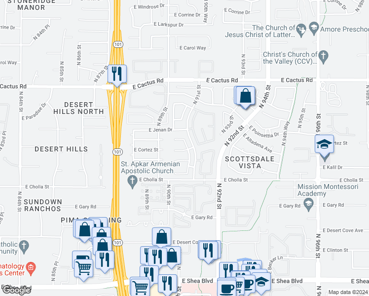 map of restaurants, bars, coffee shops, grocery stores, and more near 11630 North 90th Way in Scottsdale