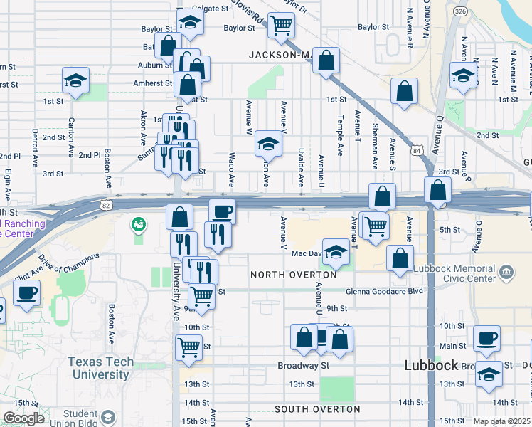 map of restaurants, bars, coffee shops, grocery stores, and more near 2211 Marsha Sharp Freeway in Lubbock