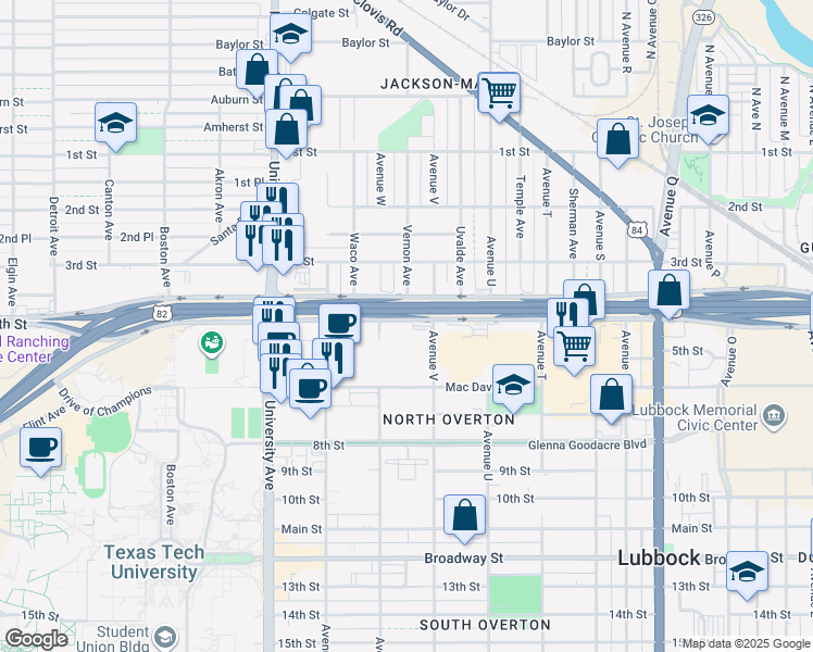 map of restaurants, bars, coffee shops, grocery stores, and more near 2211 Marsha Sharp Freeway in Lubbock