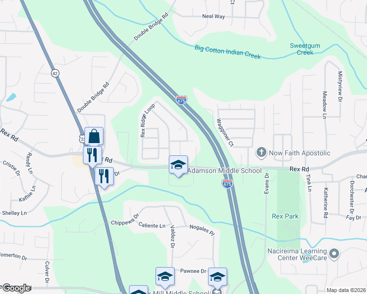 map of restaurants, bars, coffee shops, grocery stores, and more near 5943 Rex Ridge Court in Rex