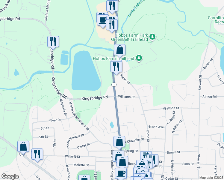 map of restaurants, bars, coffee shops, grocery stores, and more near 912 North Park Street in Carrollton
