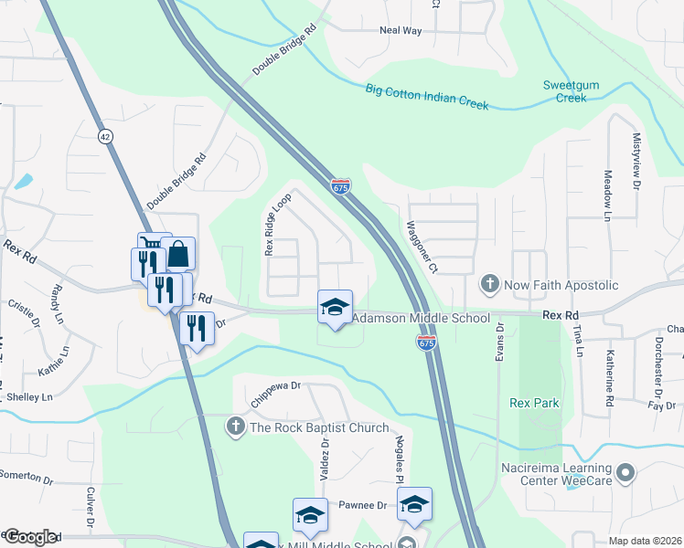 map of restaurants, bars, coffee shops, grocery stores, and more near 5943 Rex Ridge Court in Rex
