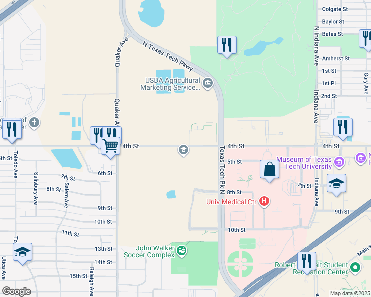map of restaurants, bars, coffee shops, grocery stores, and more near 3911 4th Street in Lubbock