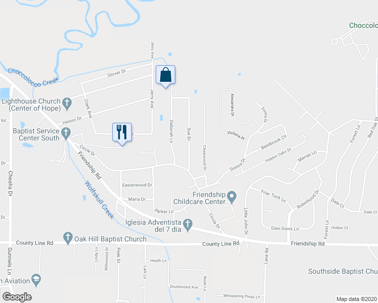 map of restaurants, bars, coffee shops, grocery stores, and more near 2220 Sue Drive in Oxford