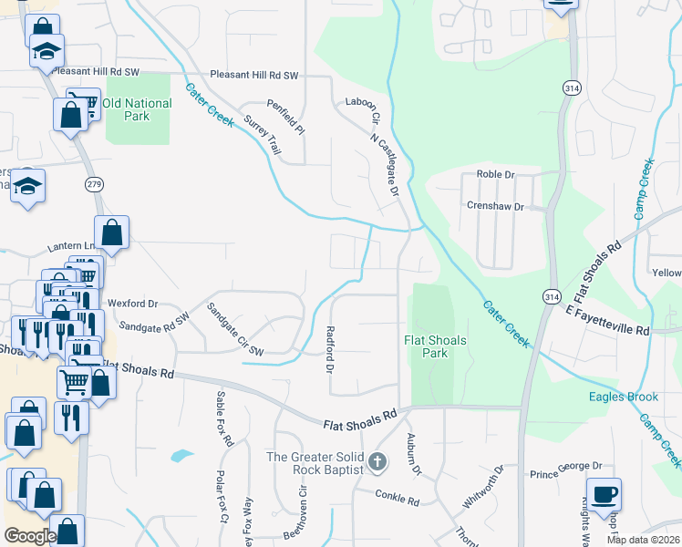 map of restaurants, bars, coffee shops, grocery stores, and more near 2070 Banks Way in Atlanta