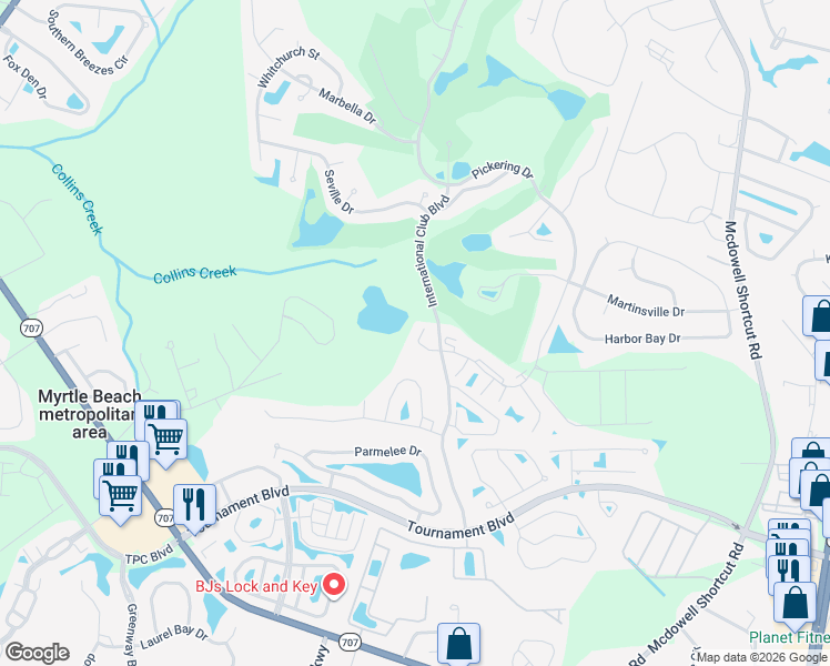 map of restaurants, bars, coffee shops, grocery stores, and more near 117 Knightbury Court in Murrells Inlet