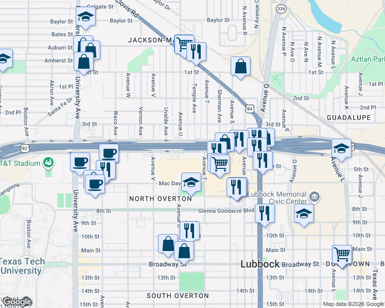 map of restaurants, bars, coffee shops, grocery stores, and more near 404 Avenue T in Lubbock
