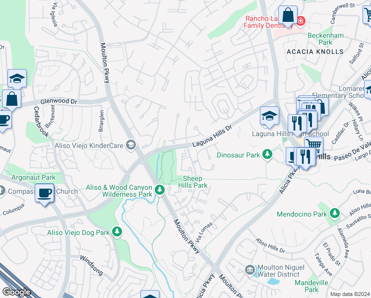 map of restaurants, bars, coffee shops, grocery stores, and more near 25541 Indian Hill Lane in Laguna Hills