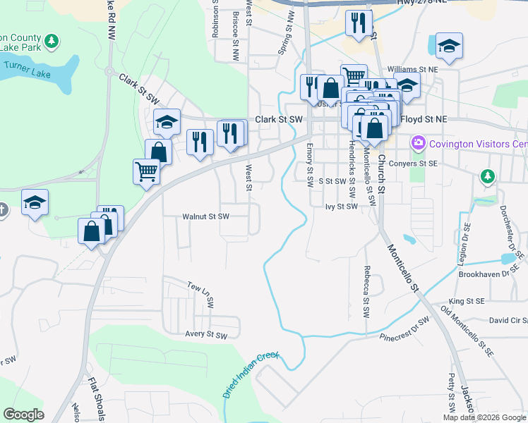 map of restaurants, bars, coffee shops, grocery stores, and more near 3115 Ivy Street Southwest in Covington