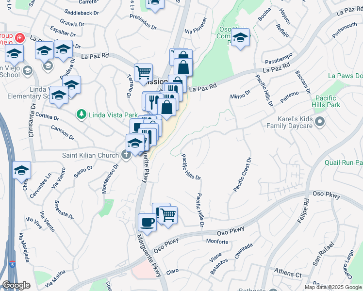 map of restaurants, bars, coffee shops, grocery stores, and more near 25565 Pacific Hills Drive in Mission Viejo