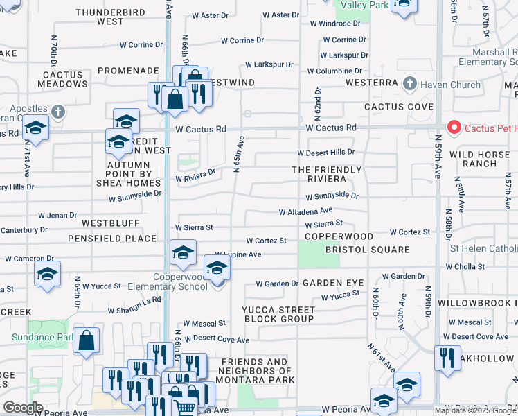 map of restaurants, bars, coffee shops, grocery stores, and more near 6413 West Sunnyside Drive in Glendale