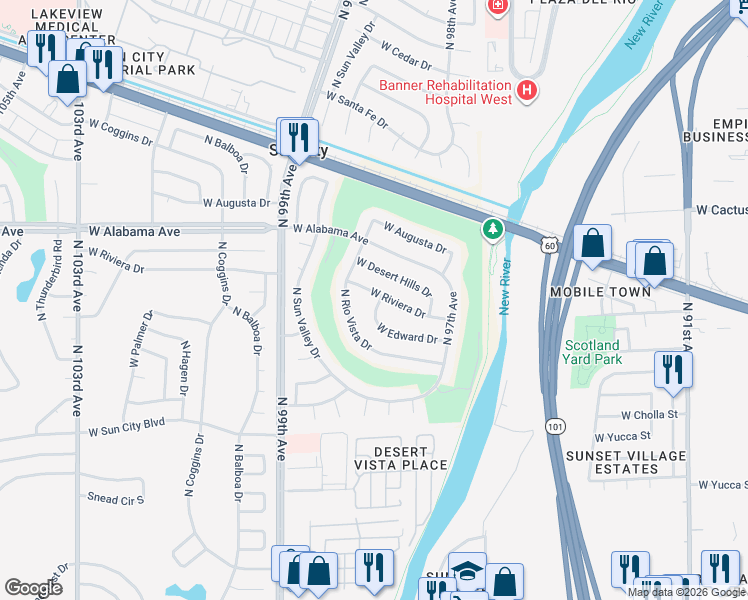 map of restaurants, bars, coffee shops, grocery stores, and more near 9747 West Riviera Drive in Sun City