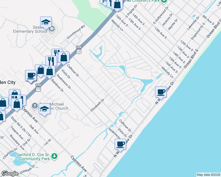 map of restaurants, bars, coffee shops, grocery stores, and more near 373 Silver Sand Lane in Murrells Inlet