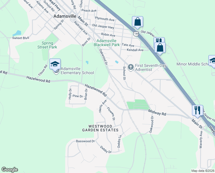 map of restaurants, bars, coffee shops, grocery stores, and more near 312 Harris Avenue in Adamsville