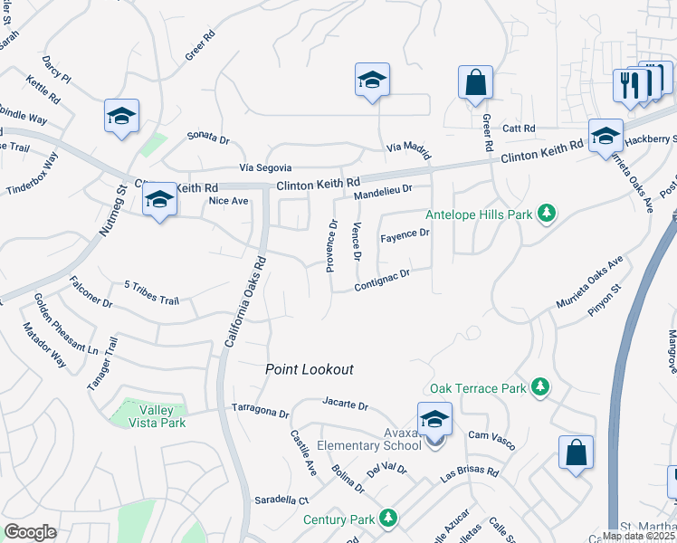 map of restaurants, bars, coffee shops, grocery stores, and more near 36260 Provence Drive in Murrieta