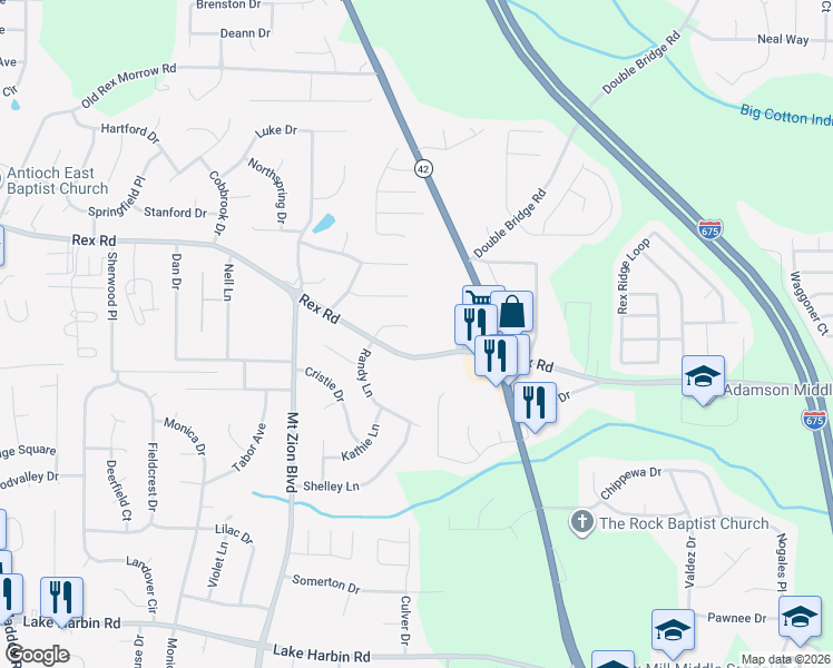 map of restaurants, bars, coffee shops, grocery stores, and more near 2838 Randy Court in Ellenwood