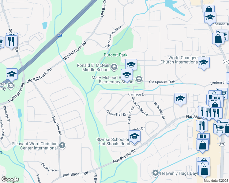 map of restaurants, bars, coffee shops, grocery stores, and more near 2840 Middleburg Drive in College Park