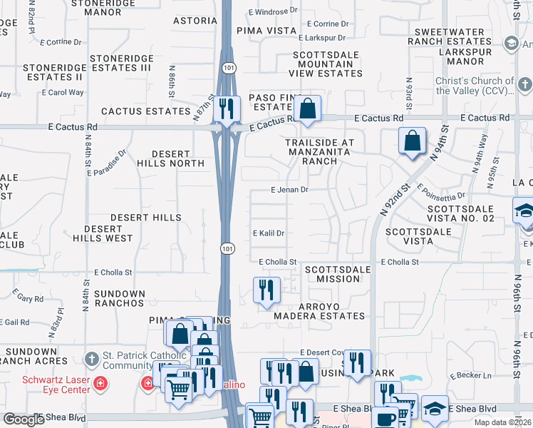 map of restaurants, bars, coffee shops, grocery stores, and more near 8825 East Altadena Avenue in Scottsdale