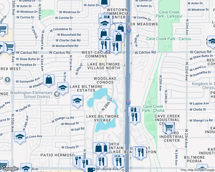 map of restaurants, bars, coffee shops, grocery stores, and more near 11666 North 28th Drive in Phoenix