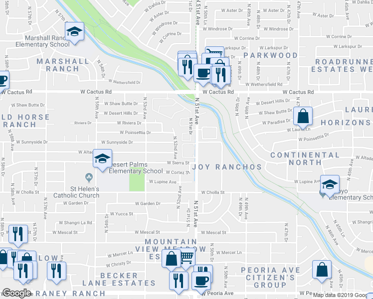 map of restaurants, bars, coffee shops, grocery stores, and more near 11633 North 52nd Avenue in Glendale