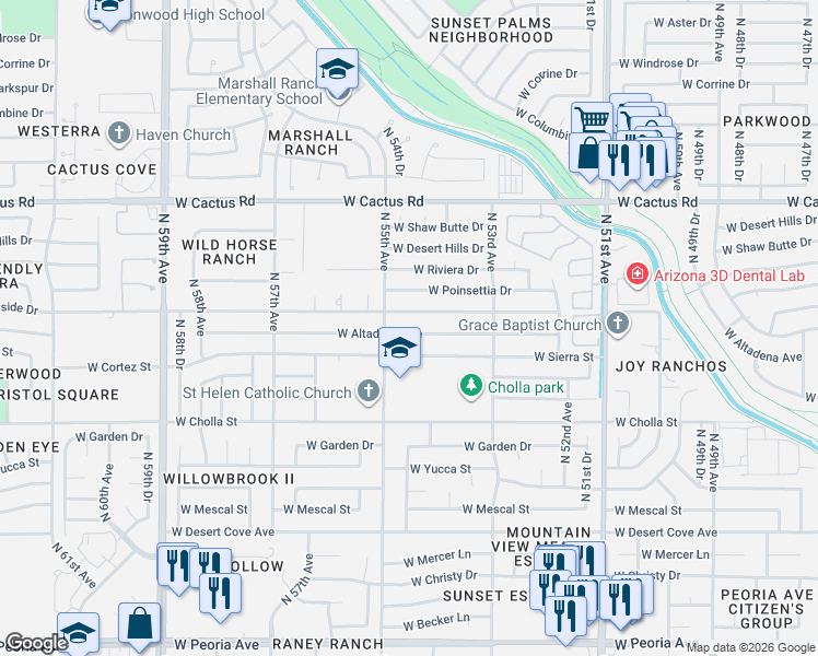 map of restaurants, bars, coffee shops, grocery stores, and more near 5425 West Sunnyside Drive in Glendale