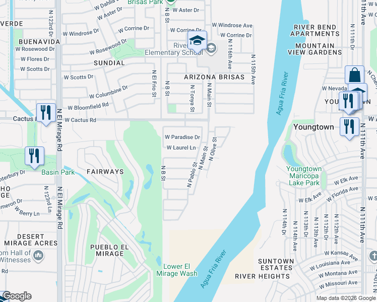 map of restaurants, bars, coffee shops, grocery stores, and more near 11721 Laurel Lane North in El Mirage