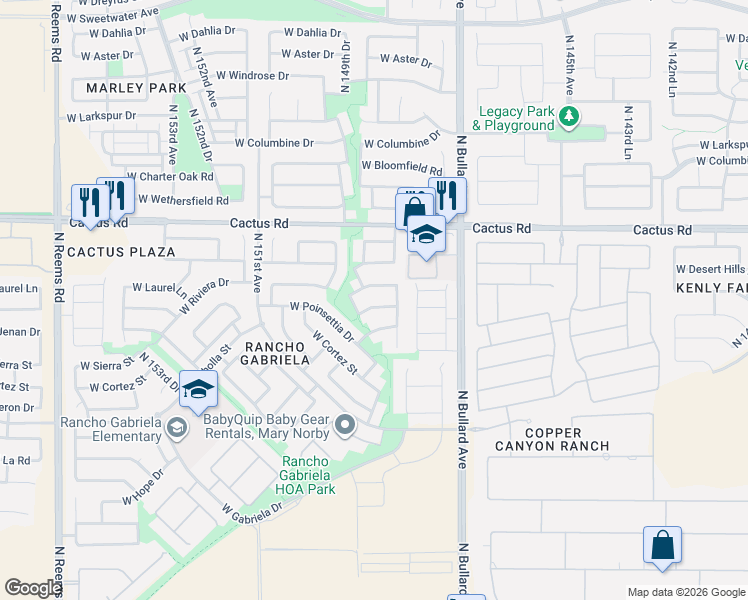 map of restaurants, bars, coffee shops, grocery stores, and more near 14857 West Riviera Drive in Surprise