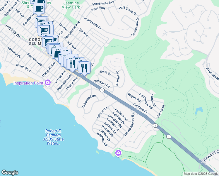 map of restaurants, bars, coffee shops, grocery stores, and more near 461 Seaward Road in Newport Beach