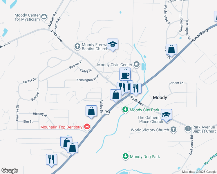 map of restaurants, bars, coffee shops, grocery stores, and more near 919 Park Avenue in Moody