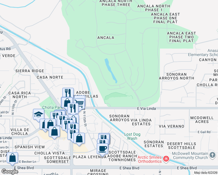 map of restaurants, bars, coffee shops, grocery stores, and more near 11620 East Cortez Drive in Scottsdale