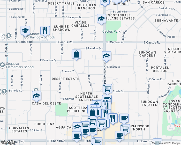map of restaurants, bars, coffee shops, grocery stores, and more near 7102 East Cortez Drive in Scottsdale