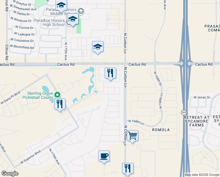 map of restaurants, bars, coffee shops, grocery stores, and more near 17214 West Roseville Street in Surprise