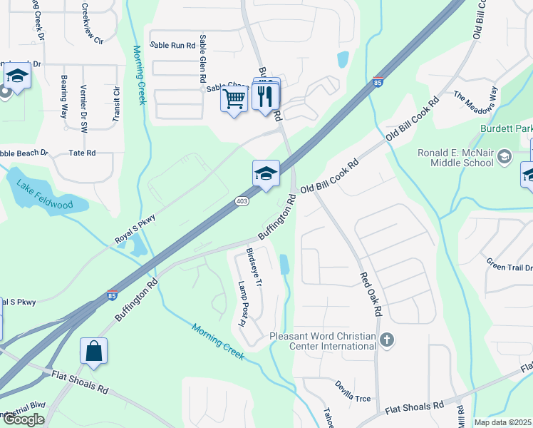 map of restaurants, bars, coffee shops, grocery stores, and more near 6045 Buffington Road in Atlanta