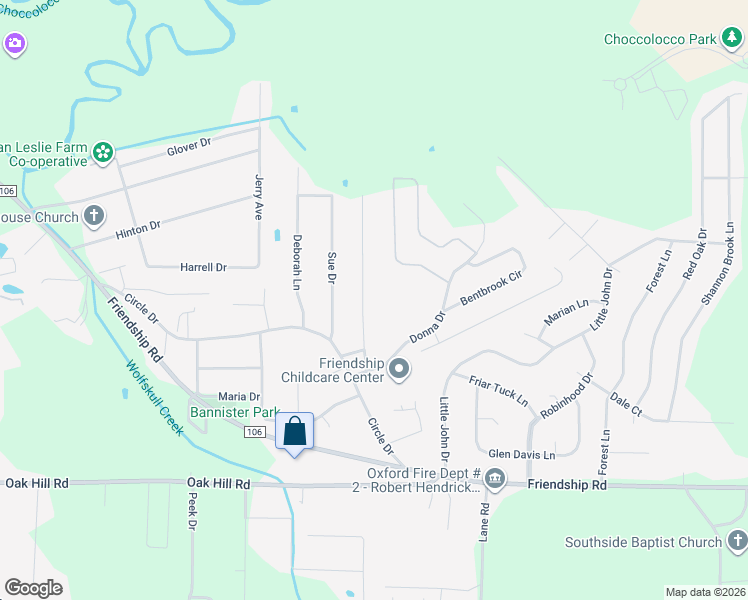 map of restaurants, bars, coffee shops, grocery stores, and more near 2104 Cheatwood Drive in Oxford