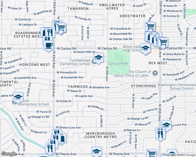 map of restaurants, bars, coffee shops, grocery stores, and more near 3933 West Sunnyside Avenue in Phoenix