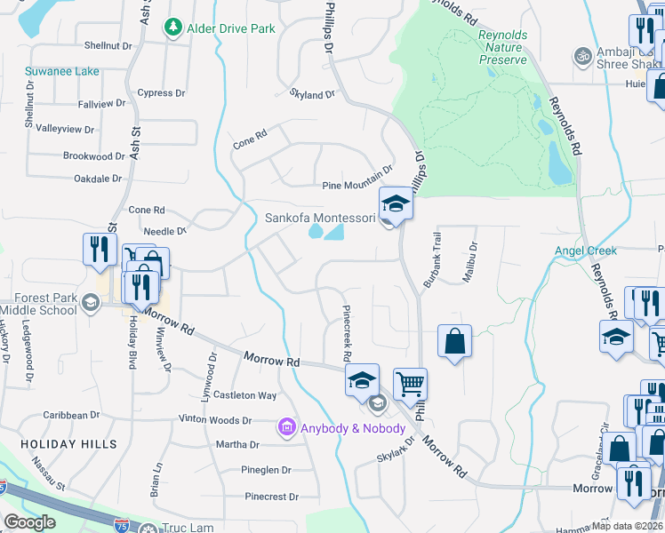 map of restaurants, bars, coffee shops, grocery stores, and more near 1072 Ponderosa Park Drive in Forest Park